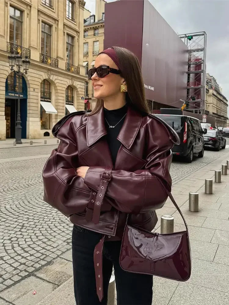 Soft Red Faux Leather Women's Biker Jacket - OutfitLondon