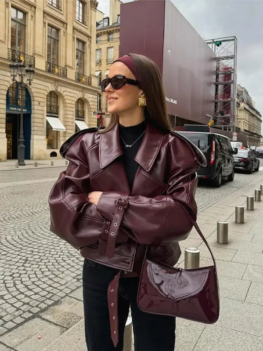 Soft Red Faux Leather Women's Biker Jacket - OutfitLondon