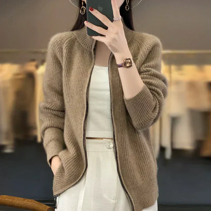 Cozy Pure Wool Zipper Women's Cardigan Sweater