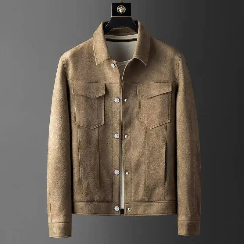 Men's Suede Slim Fit Jacket Polo Neck Collar