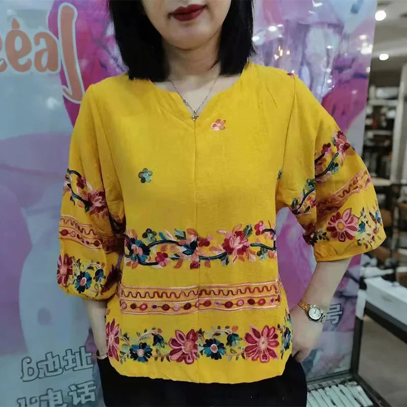 Vintage Style V Neck Bell Sleeve Blouse
