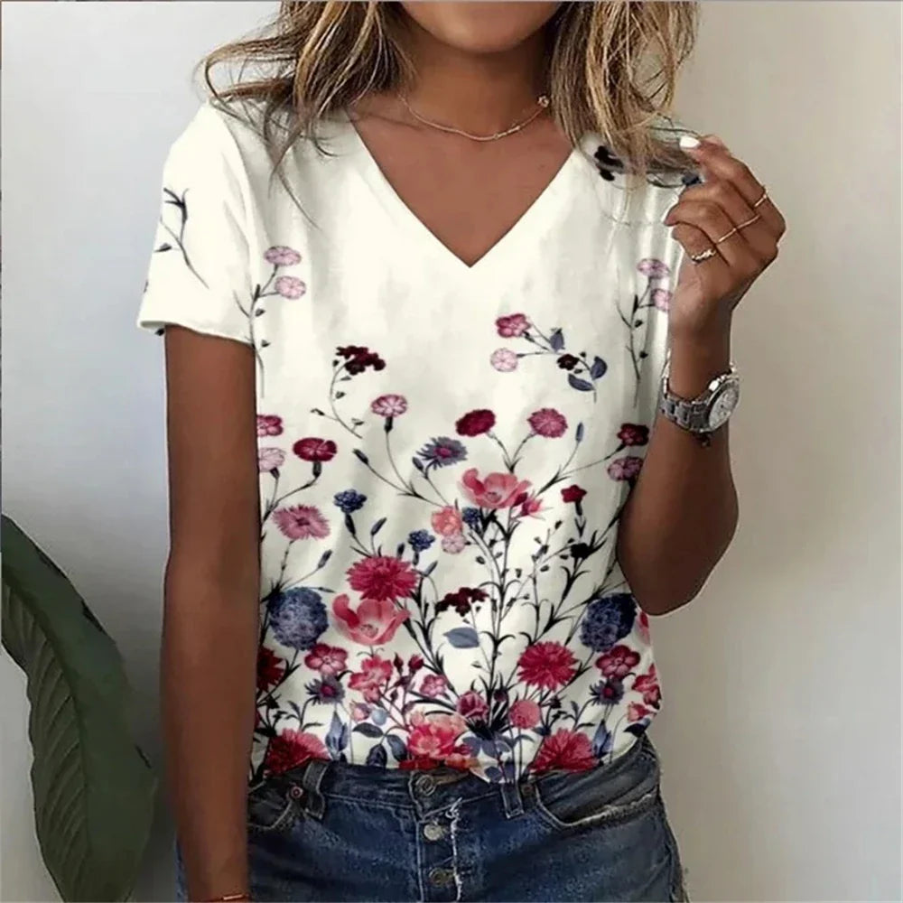 Relaxed Fit Women's Floral V-Neck Tee Shirt