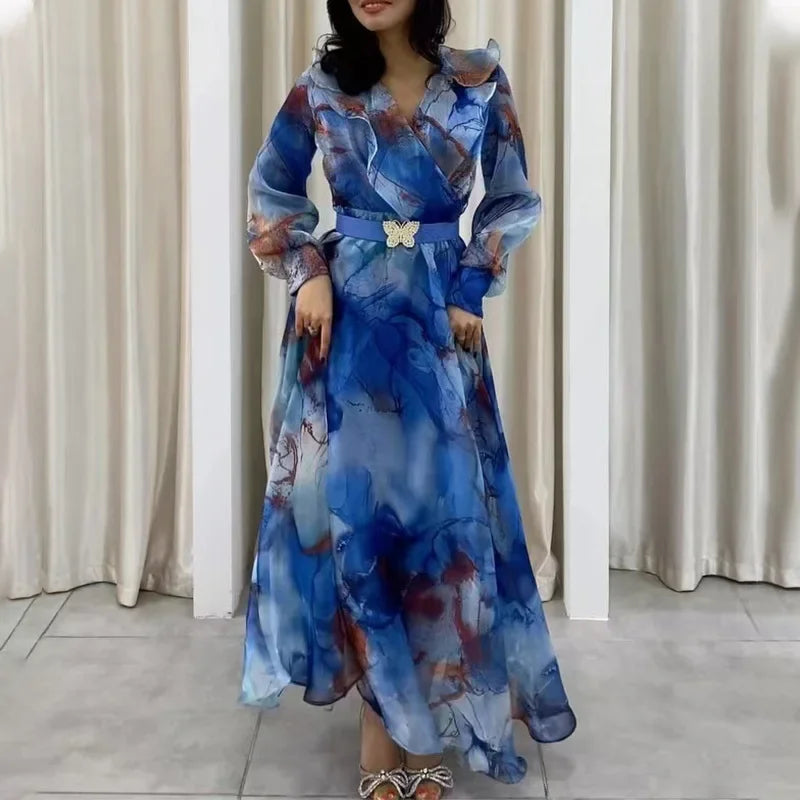 Elegant Long Sleeve Women's Maxi Dress Floral Print