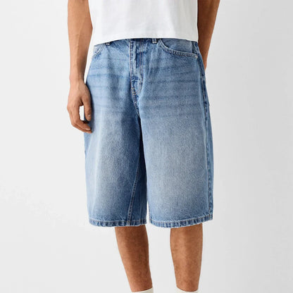 Men's Wide Leg Denim Shorts Durable Five Pocket Dark Blue