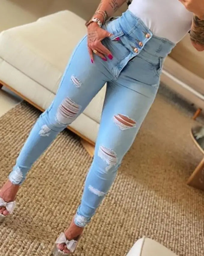 Fashionable High Waisted Ripped Womens Jeans with Buttons
