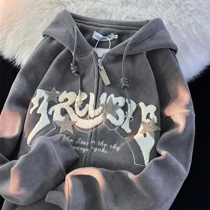 Relaxed Fit Embroidered Zip Up Hooded Sweatshirt - OutfitLondon