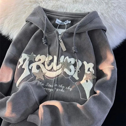 Relaxed Fit Embroidered Zip Up Hooded Sweatshirt - OutfitLondon