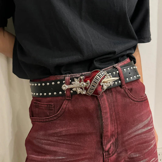 Women's Studded Denim Belt Adjustable Waist 28-36 - OutfitLondon