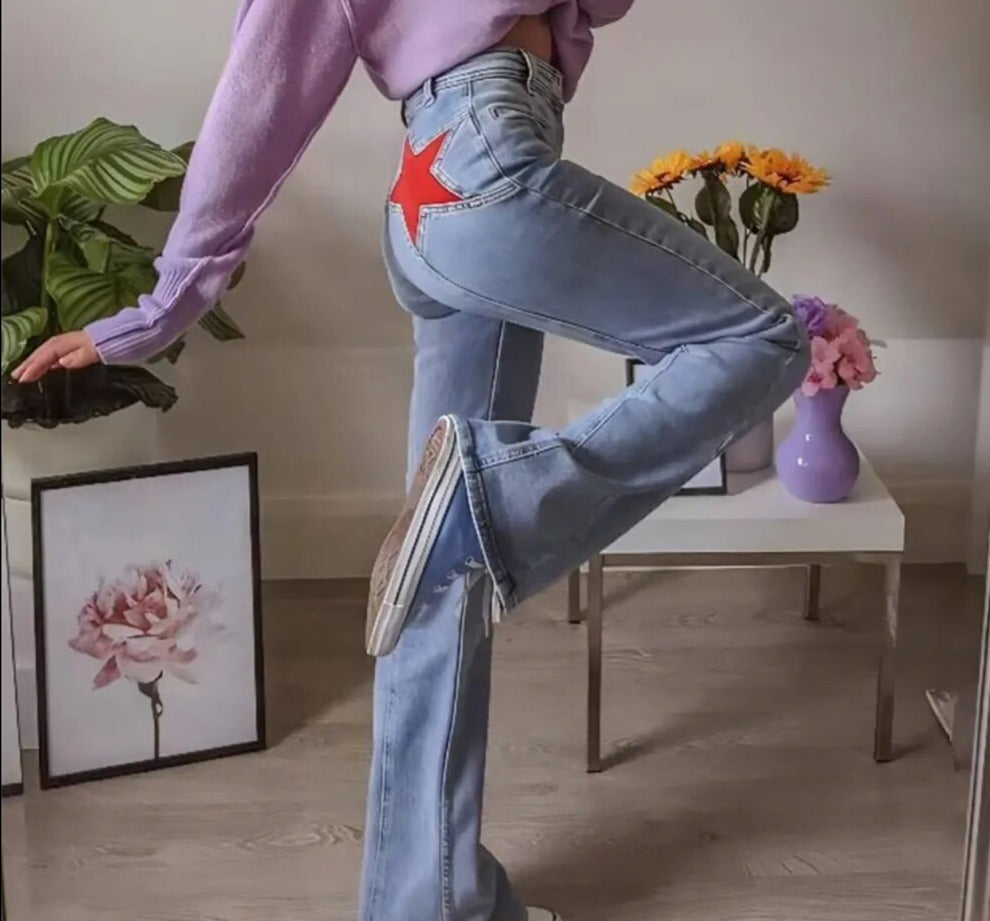 Fashionable High Waisted Red Star Denim Jeans - OutfitLondon