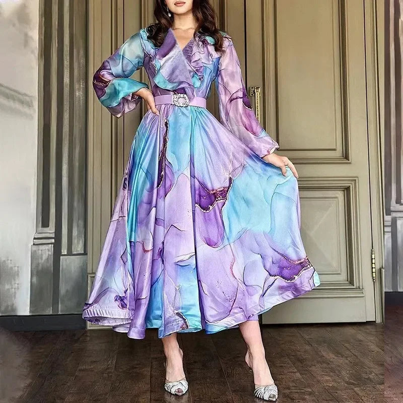 Elegant Long Sleeve Women's Maxi Dress Floral Print