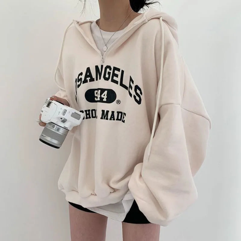 Casual Loose Fit Ladies Beige LA Hooded Sweatshirt - OutfitLondon