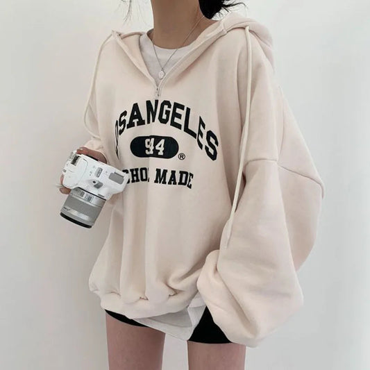 Casual Loose Fit Ladies Beige LA Hooded Sweatshirt - OutfitLondon