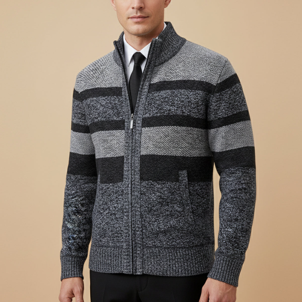 Cozy Mens Striped Zip Up Cardigan Sweater