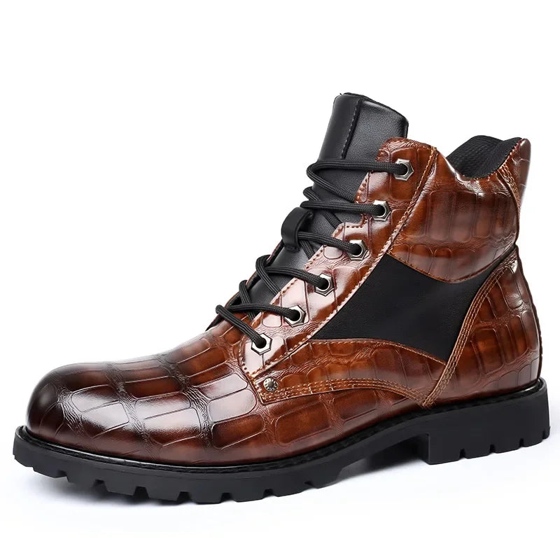 Men's Leather Boots Croc Embossed Brown