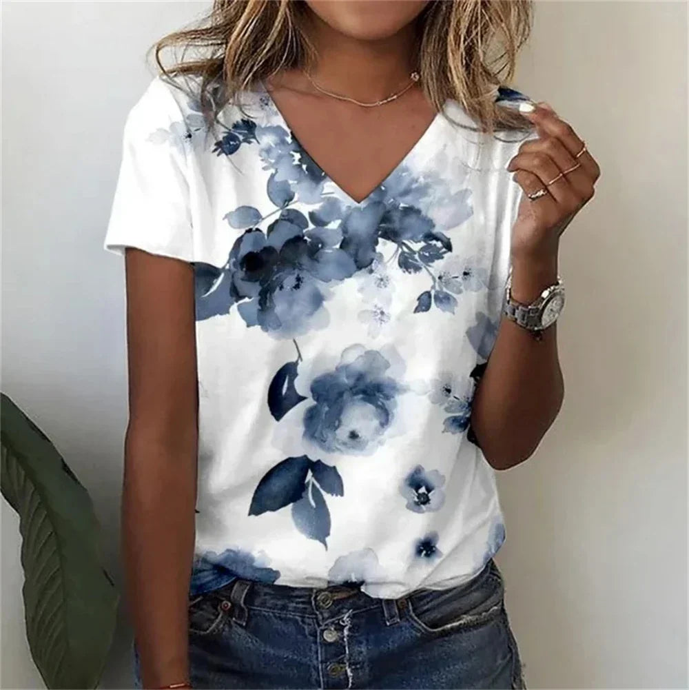 Relaxed Fit Women's Floral V-Neck Tee Shirt