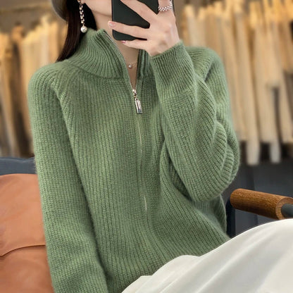 Cozy Pure Wool Zipper Women's Cardigan Sweater