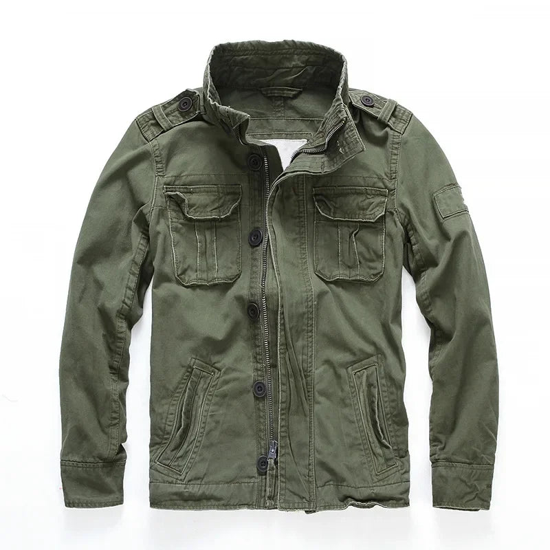 Men's Cargo Denim Jacket Heavyweight Cotton Lining Multiple Pockets