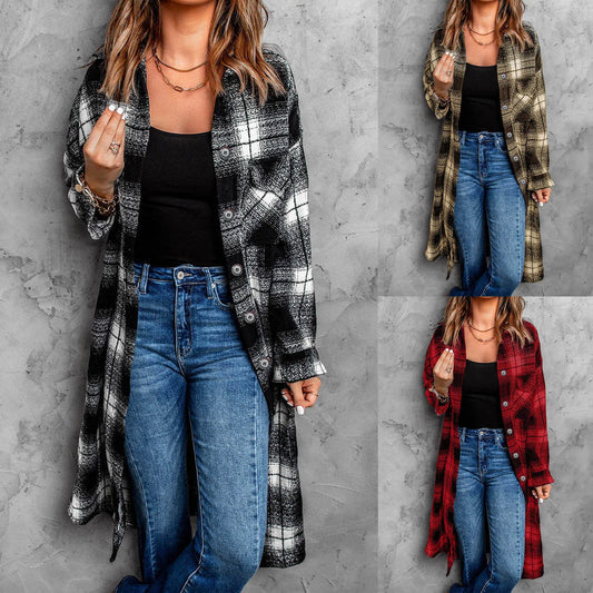 Women's Plaid Longline Coat - OutfitLondon