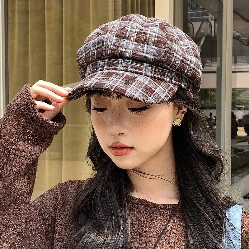 Warm Plaid Winter Beanie Hat for Women