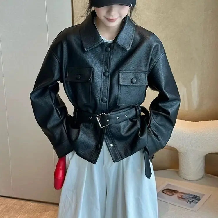 Vintage Chic Fake Leather Moto Jacket for Ladies - OutfitLondon