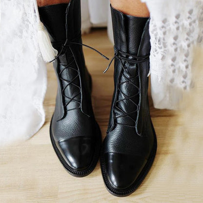 Women's Leather Ankle Boots Lace-Up Black - OutfitLondon