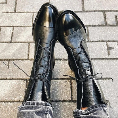 Women's Leather Ankle Boots Lace-Up Black