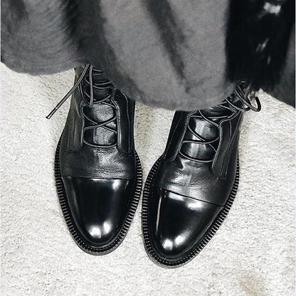 Women's Leather Ankle Boots Lace-Up Black
