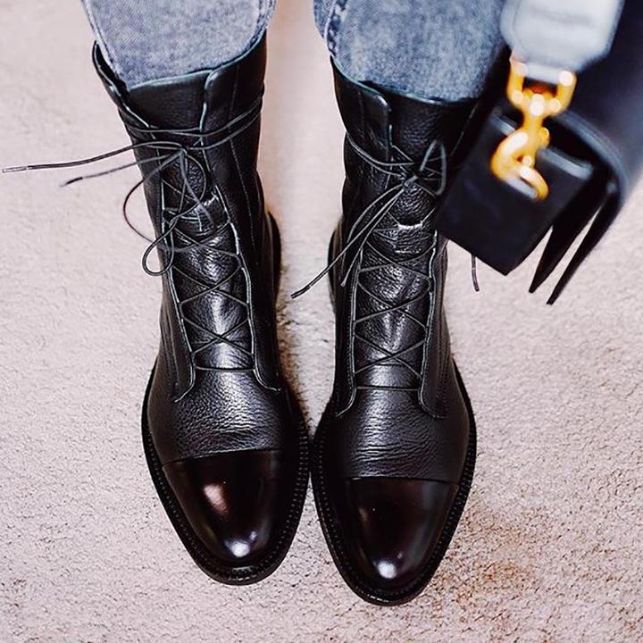 Women's Leather Ankle Boots Lace-Up Black