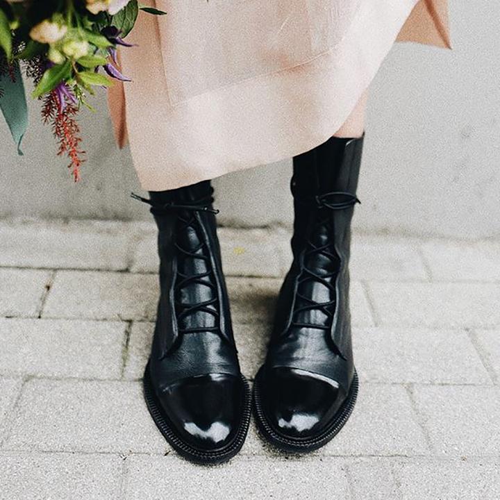 Women's Leather Ankle Boots Lace-Up Black