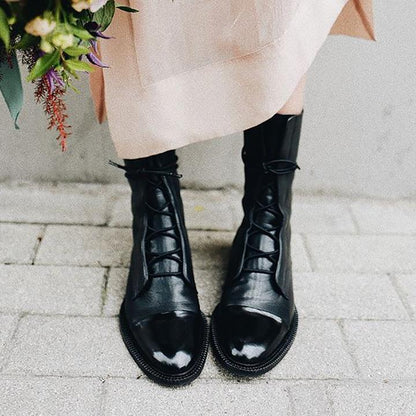 Women's Leather Ankle Boots Lace-Up Black