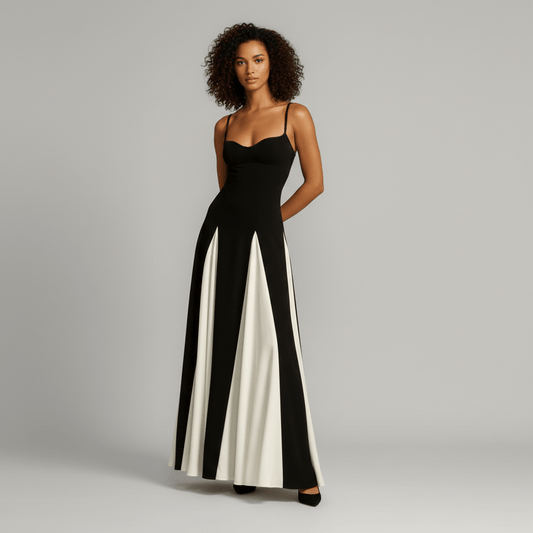 Abito Donna Maxi Elegante a Spalle Scoperte Nero Bianco - OutfitLondon