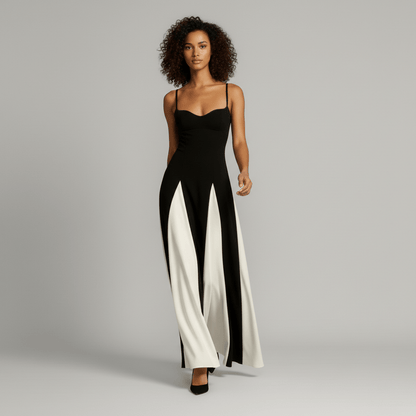 Abito Donna Maxi Elegante a Spalle Scoperte Nero Bianco