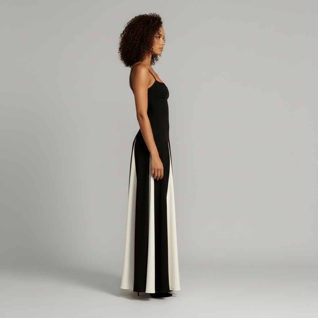 Abito Donna Maxi Elegante a Spalle Scoperte Nero Bianco