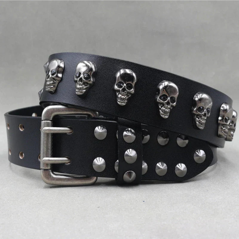 Men's Studded Leather Belt Adjustable Silver Skull Buckle Black