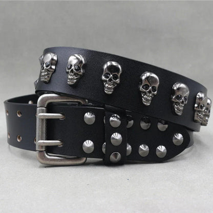 Men's Studded Leather Belt Adjustable Silver Skull Buckle Black