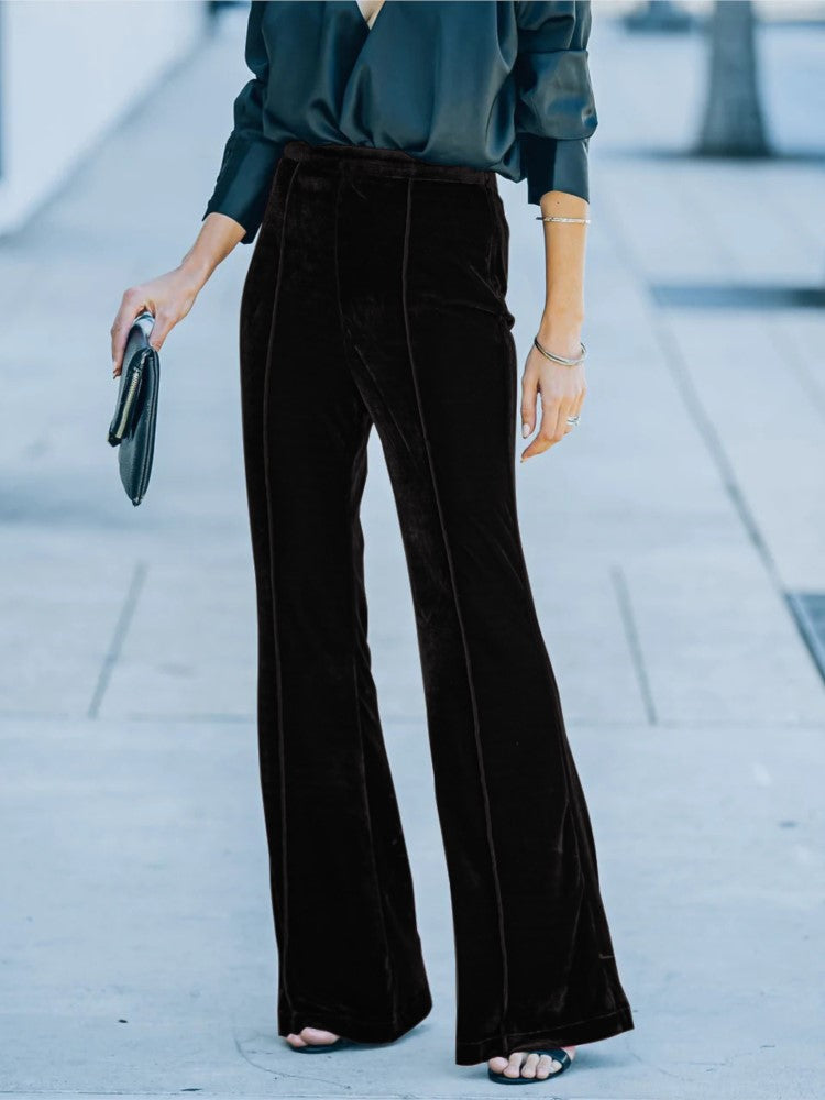 Ladies' Elegant High Waist Velvet Flare Pants - OutfitLondon