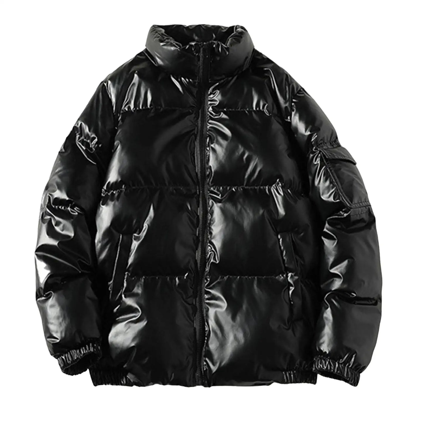 Men's Glossy Quilted Puffer Coat with Stand Up Collar