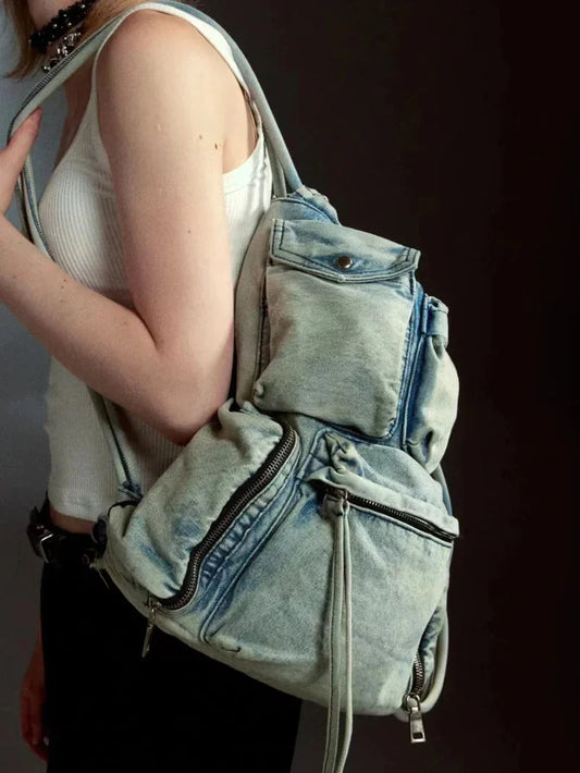 OutfitLondon Vintage Denim Backpack Durable Multiple Pockets - OutfitLondon