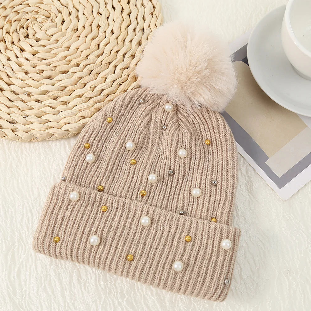 Fuzzy Knit Snow Pom Pom Beanie