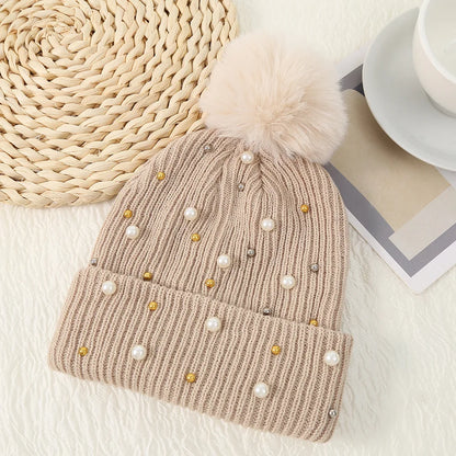 Fuzzy Knit Snow Pom Pom Beanie