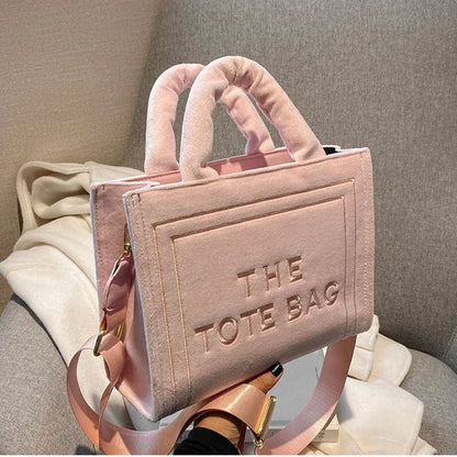 London Statement Square Tote Bag Soft Velour Letter Print