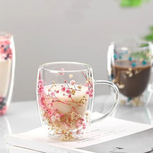 Liora Glass Coffee Mug Double Layer Insulated 350ml Floral Design - OutfitLondon