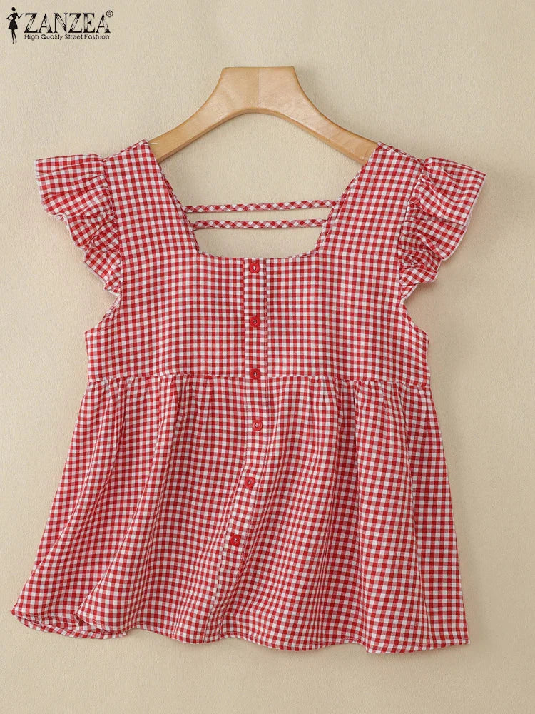 Trendy Plaid Cold Shoulder Women's Top