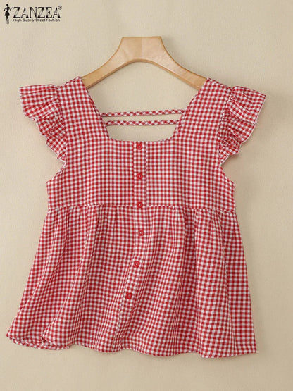Trendy Plaid Cold Shoulder Women's Top