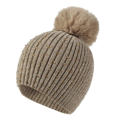 Fuzzy Knit Snow Pom Pom Beanie