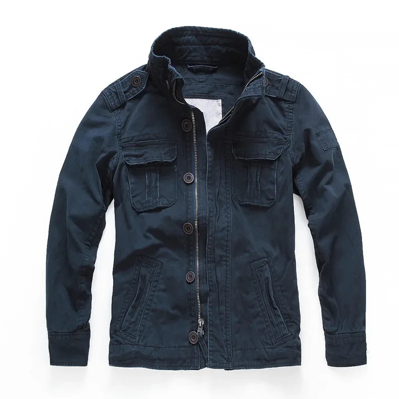 Men's Cargo Denim Jacket Heavyweight Cotton Lining Multiple Pockets
