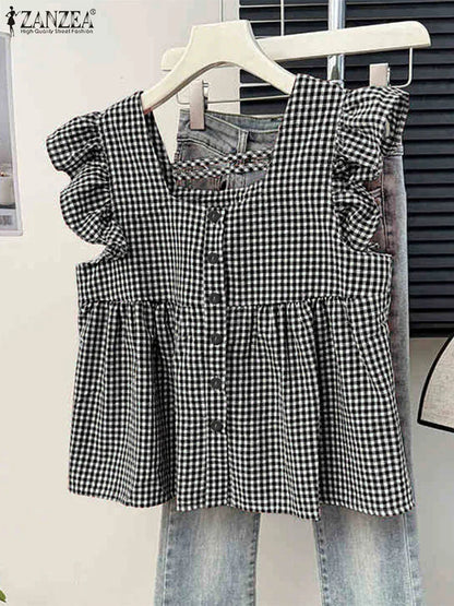 Trendy Plaid Cold Shoulder Women's Top - OutfitLondon
