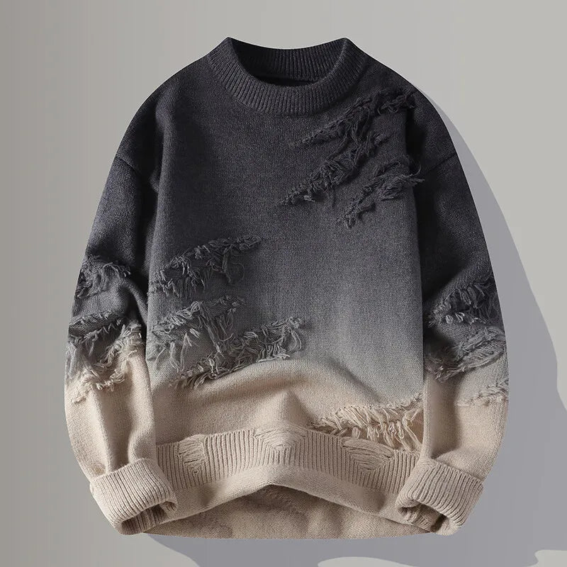 Men's Gradient Knit Sweater Ombre Fade Distressed