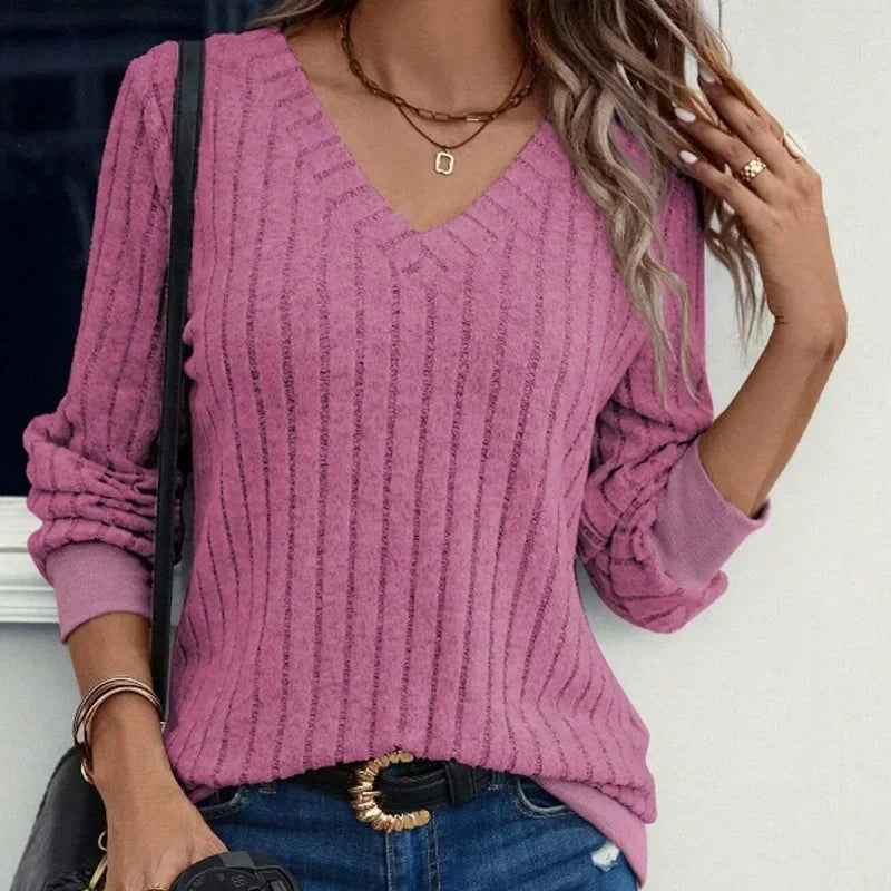 Chloe | Ladies Cozy V-Neck Pullover Sweater - OutfitLondon