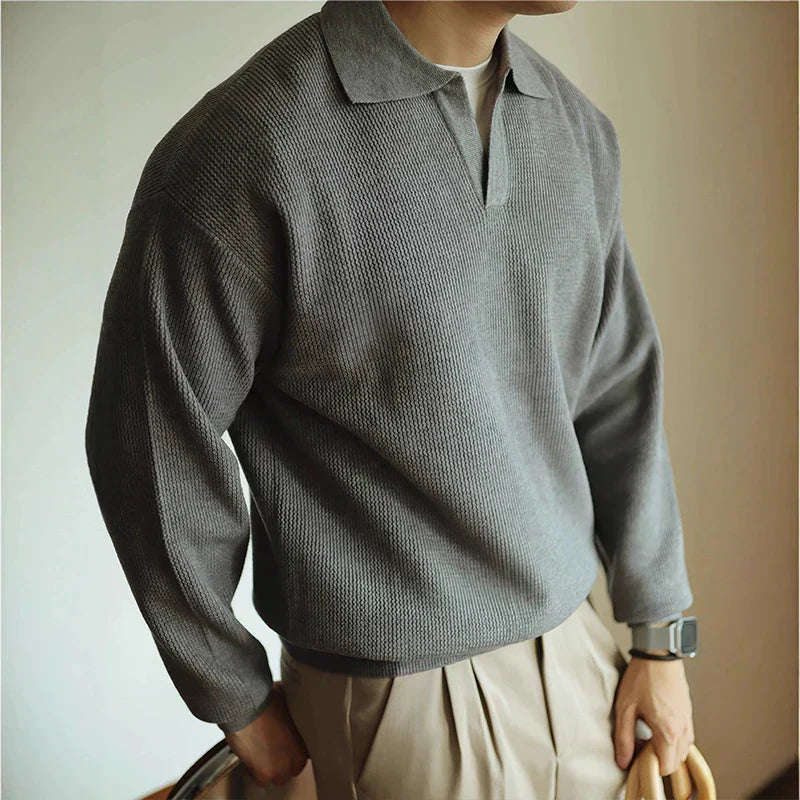 Men's Knit Polo Shirt Open Collar Lightweight Breathable - OutfitLondon